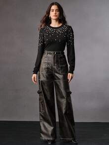 Anewsta French Elegant Pearl Embellished Crew Neck Sweater - Black - View 6