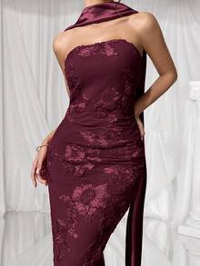 Coutiva Rochie de seară formală texturată, fără bretele, pentru femei - Burgundia - Vizualizare 6