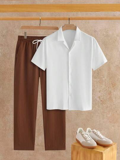 Manfinity NXTstreet Men's Solid Color Short Sleeve Front Button Casual Shirt Set