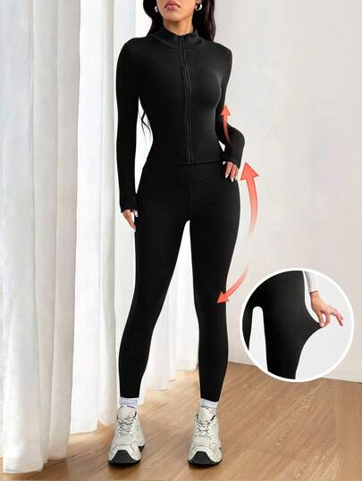 SHEIN PETITE Women's Solid Color Long Sleeve Zip-Up Collar Fitted Top And Leggings Casual 2 Pieces Set, Winter Clothes For Women,Zip-Up,Casual Outfit For Women,Sports Black Two-Piece Yoga Suit With High Elasticity