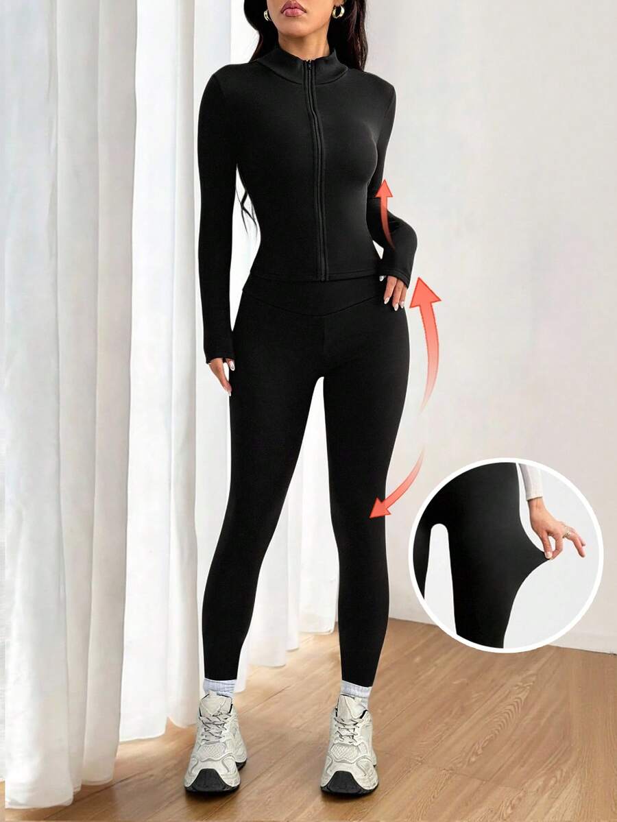 SHEIN PETITE 女式纯色长袖拉链领修身上衣和紧身裤休闲两件套 - 黑色 - 查看 1