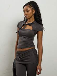 COUREZ 短袖露肩系带上衣 / Y2K 秋冬外出上衣 派对上衣 黑色上衣 新年性感 - 灰色 - 查看 4