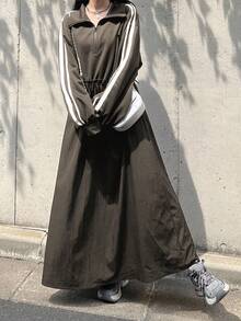 FRIFUL 女式 Polo 领休闲侧条纹宽松长款运动连衣裙