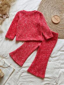 SHEIN Vintaside Kids 2 件套女婴休闲彩虹长袖上衣和裤子套装，适合春秋冬季日常穿着 - 紅色 - 查看 2