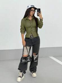 StreetHx Women's Retro Fitted Striped Shirt - Green - View 6