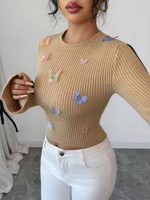 SHEIN Elenzya 女士优雅蝴蝶装饰针织毛衣上衣，适合工作、商务休闲、派对、秋冬 - 彩色 - 查看 3