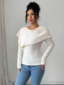 Rafferiza Women's Elegant Solid Color Asymmetric Collar Sweater, Autumn/Winter - Apricot - View 6