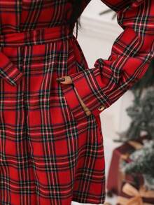 EMERY ROSE Plus-Size Check Bow Lace-Up Long-Sleeve Button-Down Ladies' Christmas Dress - Multicolor - View 5