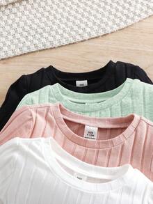 SHEIN 4 件套 Babygirl 休闲可爱针织弹力纯色上衣，百搭百搭分层单品，适合室内、户外滑雪、日常穿着、运动、玩耍、派对、拍照、圣诞假期、秋冬 - 彩色 - 查看 7