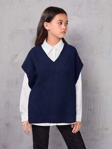 SHEIN Serisse Kids 青少年女孩休闲宽松纯色超大V领中长款毛衣背心 - 藏蓝色 - 查看 8