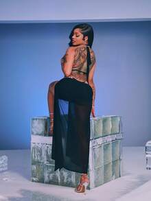 SHEIN ICON Women's Long Sheer Leg Sexy Black Party Dress, Sexy Plunging Neck Backless Mesh Dress, Autumn/Winter - Black - View 1