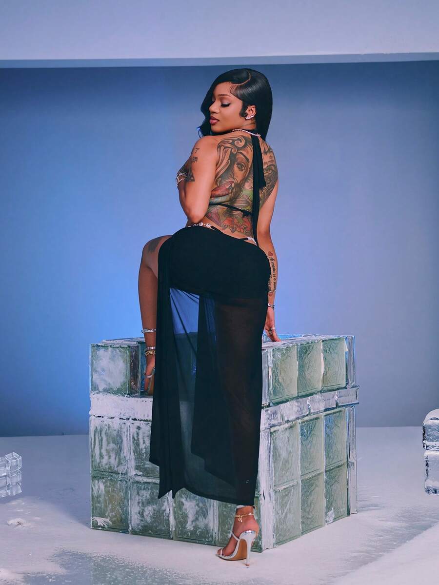 SHEIN ICON Women's Long Sheer Leg Sexy Black Party Dress, Sexy Plunging Neck Backless Mesh Dress, Autumn/Winter - Black - View 1