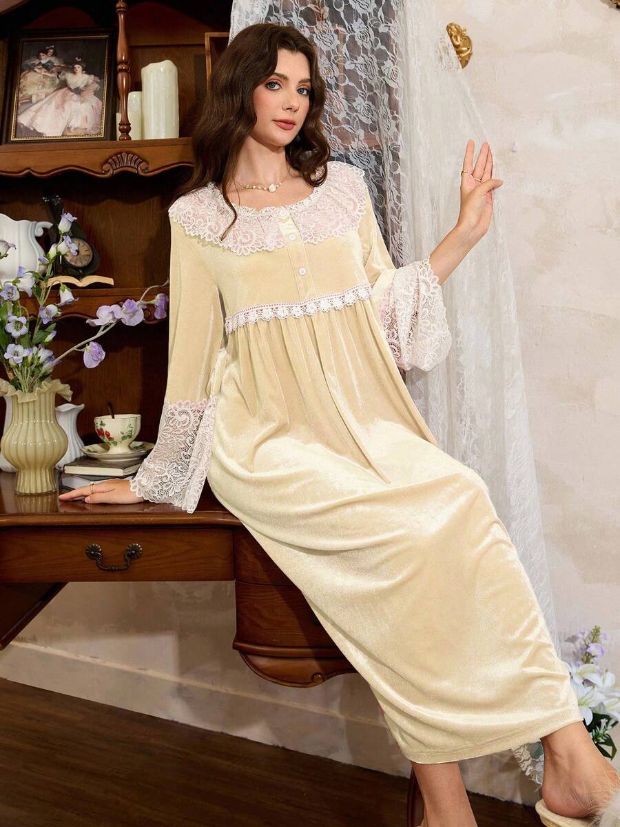 Côtesoire Camisón elegante de mujer con estilo francés, con volantes de encaje y contraste de color, para otoño e invierno - Albaricoque - Ver 1