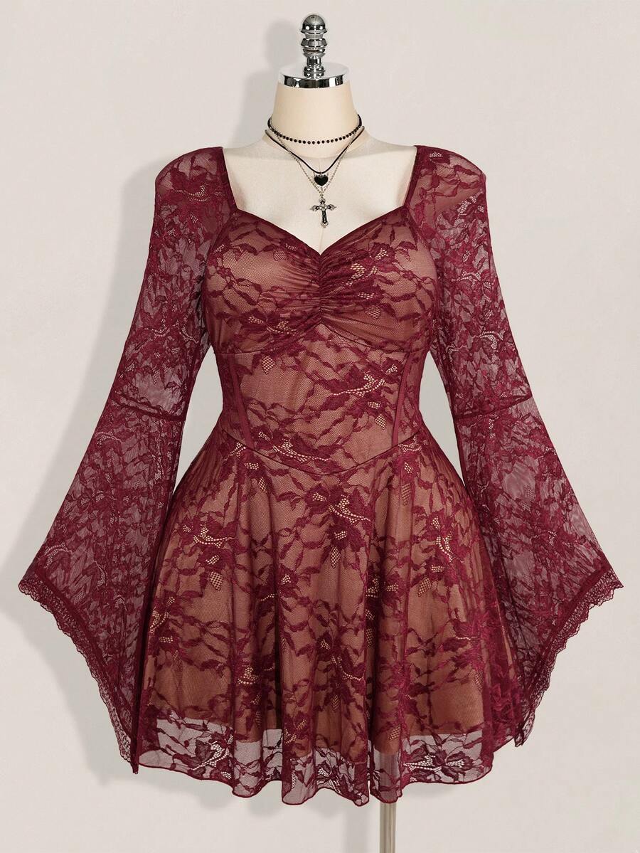 SHEIN ICON Plus Size Square Neck Ruched Lace Flare Sleeve Contrast Color Dress, Y2K Party Dress, Halloween Costume, Witch - Burgundy - View 1