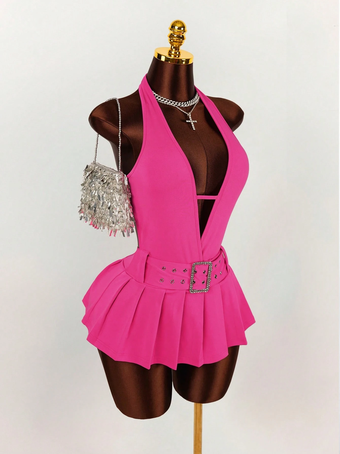Amplova Deep V Neck Backless Metal Buckle Decor Pleated Slit Mini Jumpsuit