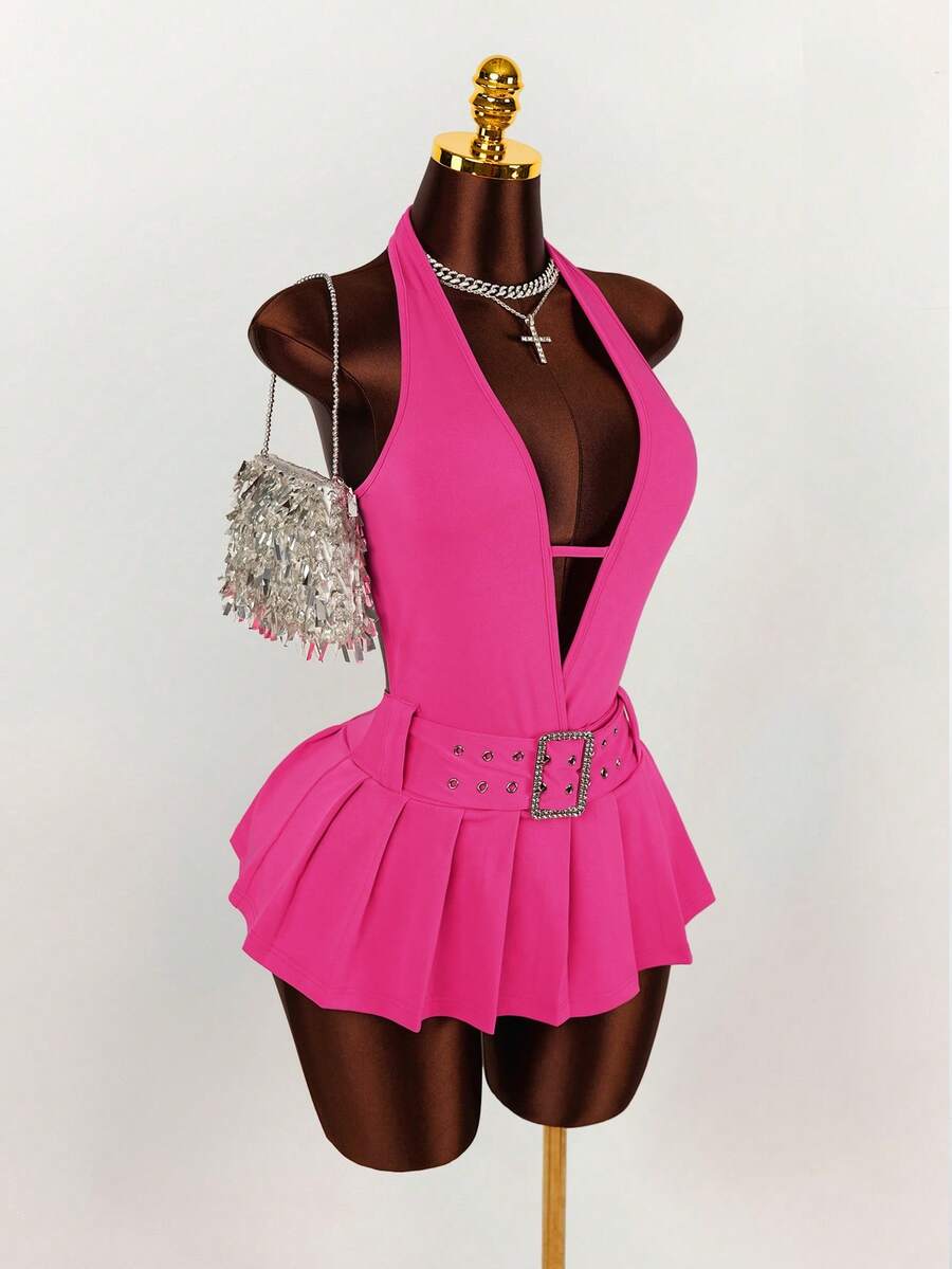 Amplova 深V领露背金属扣装饰褶裥开衩迷你连体短裤 - 玫紅色 - 查看 1