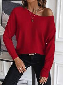 SHEIN LUNE Women's Casual Versatile Solid Color Batwing Sleeve Sweater - Red - View 3
