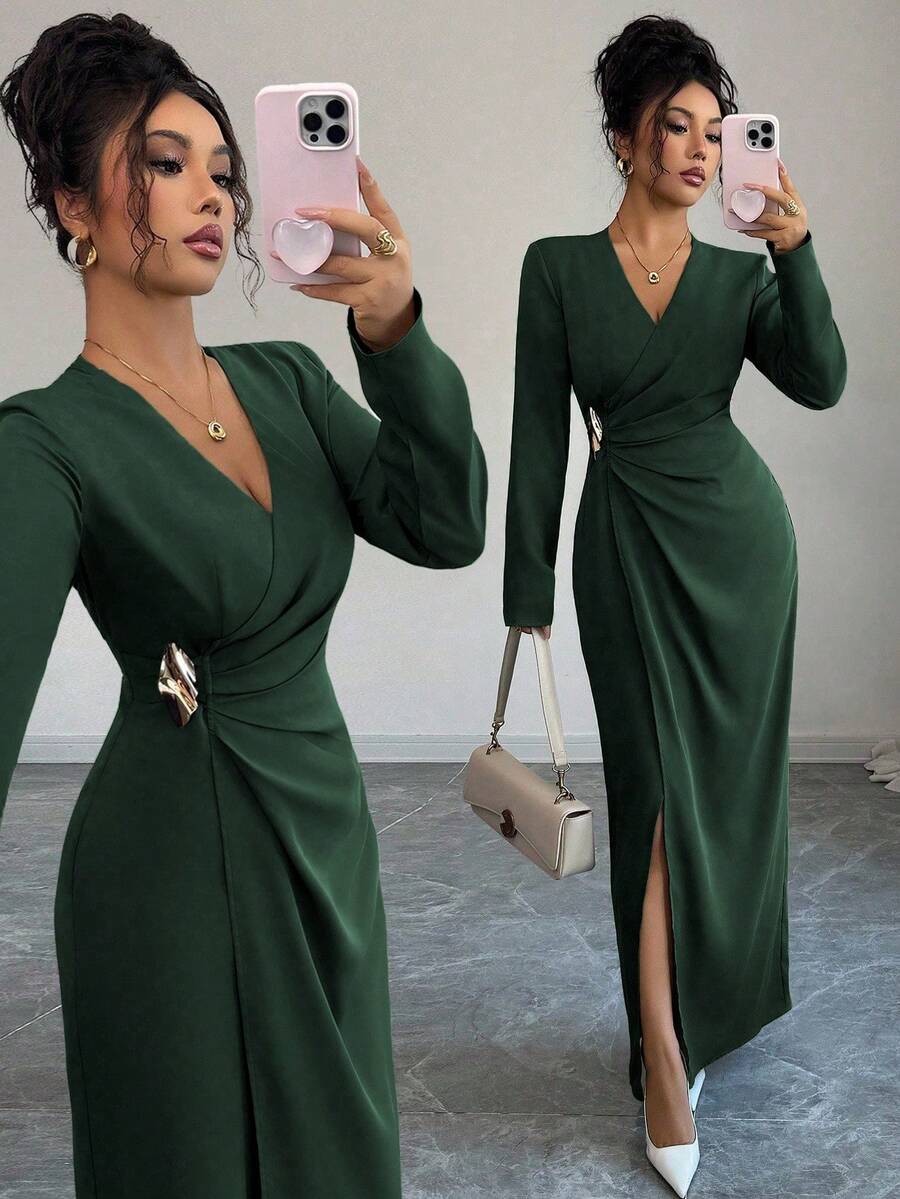 Elenzga Women's Elegant Solid Color V-Neck Metal Decor Ruched Fitted Split Hem Maxi Dress, Spring/Autumn - Dark Green - View 1