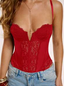 SHEIN BAE Bộ đồ liền thân ren dây mảnh thời trang gợi cảm dành cho nữ, mùa hè - Đỏ - Xem 5