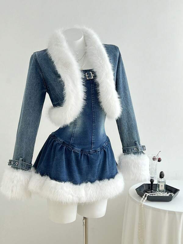 Elamini Women's Autumn Fashion Patchwork Faux Fur Trim Front Open Denim Jacket