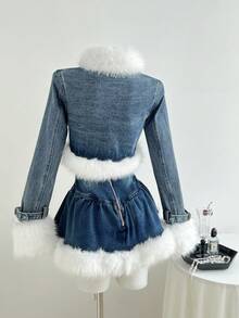 Elamini 女士秋季时尚拼接仿毛皮饰边前开襟牛仔外套 - 藍色 - 查看 2