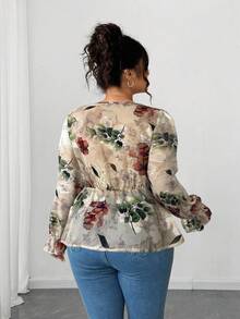 Elenzga Áo peplum cổ chữ V bằng vải chiffon jacquard thanh lịch dành cho nữ cỡ lớn, tay bèo nhún, thích hợp cho các buổi đi chơi, tụ tập và mặc thường ngày - Màu Khaki - Xem 2