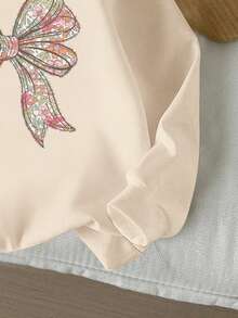 SHEIN 少女碎花蝴蝶结图案抓绒卫衣，宽松休闲冬季卫衣，卡其色 - 卡其色 - 查看 3