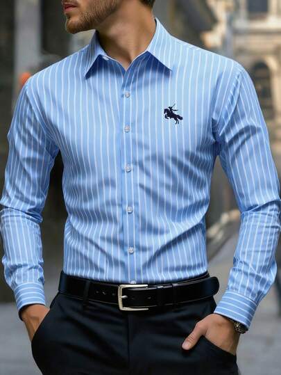 Manfinity Mode Herren Business Lässig Langarm gestreiftes Hemd, schöne Hemden für Herren Business Lässig, Herren Hemden Lässig Slim Fit, besticktes Hemd