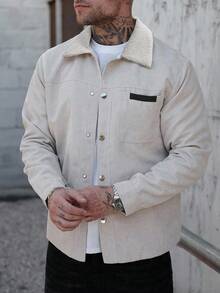Manfinity CasualCool Men's Autumn Color Block Single Breasted Pocket Casual Jacket,Men's Casual Metal Buckle Front Pocket Corduroy Texture Shirt Style Jacket INS Best-Selling Casual Elegant Jacket Suitable For Spring And Autumn Men Overshirt Men Shacket Men Summer Jacket Men S Jackets Casual Beige Button Up Men
