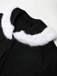 SHEIN Clasi Plus Size Patchwork Fuzzy Long Sleeve Tie-Up Elegant Overcoat - Black - View 6