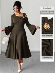 SHEIN Elenzya Plus Size Women Solid Color Knitted Ribbed Asymmetric Shoulder Flare Sleeve Ruffle Trim Bodycon Maxi Elegant Party Dress - Dark Grey - View 1