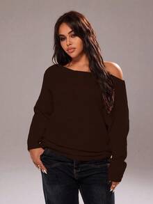 Rustia Plus Size Solid Color Pink Sexy Simple Asymmetric Batwing Sleeve Pullover Sweater - Coffee Brown - View 3