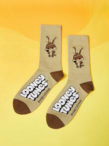 LOONEY TUNES X SHEIN Women's Comfortable Soft Cute Letter & Cartoon Pattern Crew Socks - Coffee Brown - View 1