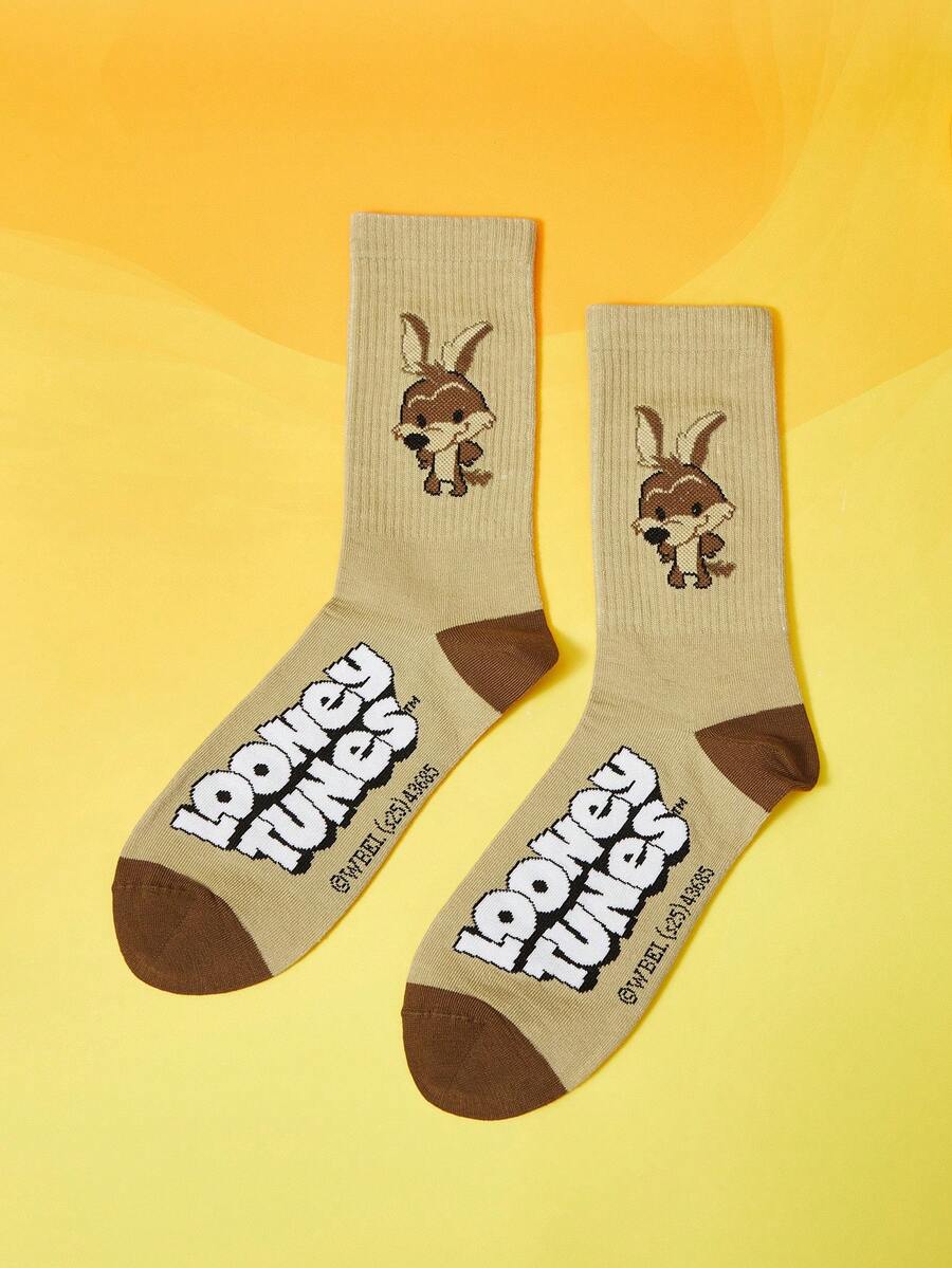 LOONEY TUNES X SHEIN Women's Comfortable Soft Cute Letter & Cartoon Pattern Crew Socks - Coffee Brown - View 1