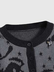 ROMWE Goth Cárdigan de mujer casual con estampado de gato y estrella en jacquard, cuello redondo, hombros caídos y manga larga - Gris Oscuro - Ver 3