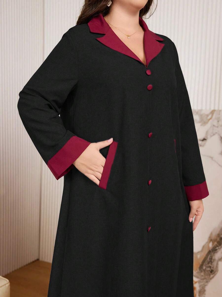 Al Najma Plus Size Casual Color Block Button Decor Long Sleeve Loose Fit Midi Dress, Spring/Autumn - Multicolor - View 1