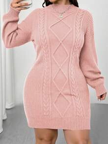 Elenzga Plus Size Solid Color Fitted Knit Dress, Casual For Autumn/Winter - Coral Pink - View 5