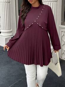 Calvaya Plus Size Elegant Commuter Shirt With Pearl Decor And Pleated Design - Maroon - View 4