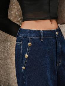 SHEIN LUNE Women's Casual Straight Leg Zipper Fly Jeans - Dark Wash - View 6