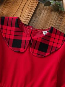 Elladie kids Robe à manches longues à carreaux rouges de style français élégant avec col claudine, ambiance élégante, convient pour le printemps et l'automne - Rouge - Voir 4