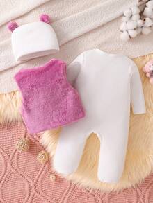 3-Piece Cute Bear Embroidered Flannel Solid Pink Vest + Long-Sleeved Fitted Romper + Hat Combination Baby Pajamas, Autumn And Winter Style. - Purple - View 2