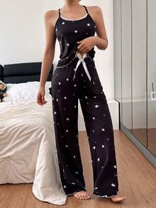 SHEIN 三件套：蕾丝边碎花长袖上衣和吊带背心搭配长裤睡衣，冬季服装 - 黑色 - 查看 7