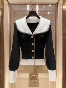 Franclia Áo khoác len cardigan dệt kim dáng ôm, ve áo lớn màu đen trắng, tay dài, nút kim loại, thiết kế đơn giản, thanh lịch dành cho nữ, mùa đông, mùa thu, giáng sinh, năm mới, lễ tạ ơn - Nhiều màu - Xem 1