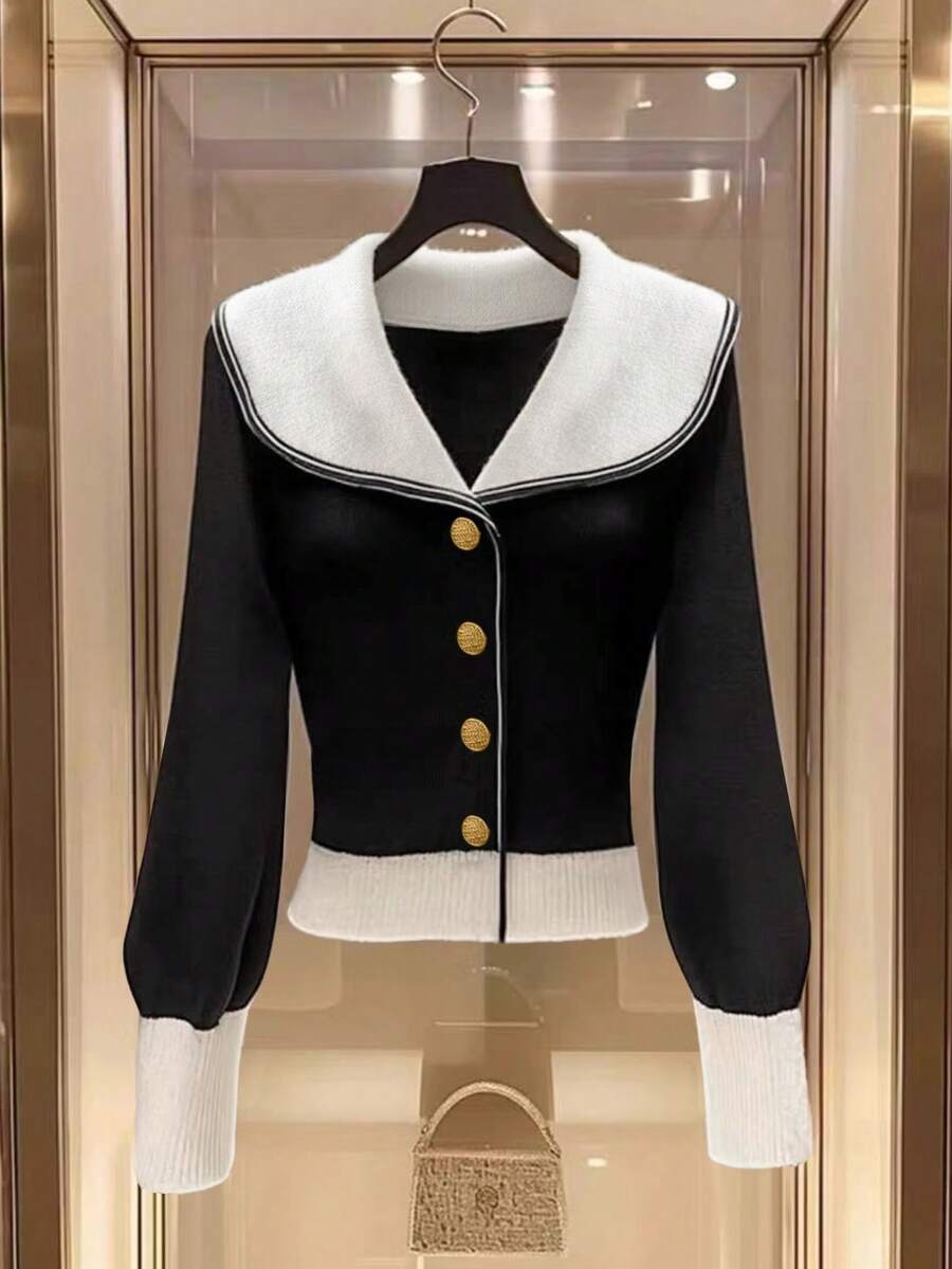 Franclia Áo khoác len cardigan dệt kim dáng ôm, ve áo lớn màu đen trắng, tay dài, nút kim loại, thiết kế đơn giản, thanh lịch dành cho nữ, mùa đông, mùa thu, giáng sinh, năm mới, lễ tạ ơn - Nhiều màu - Xem 1