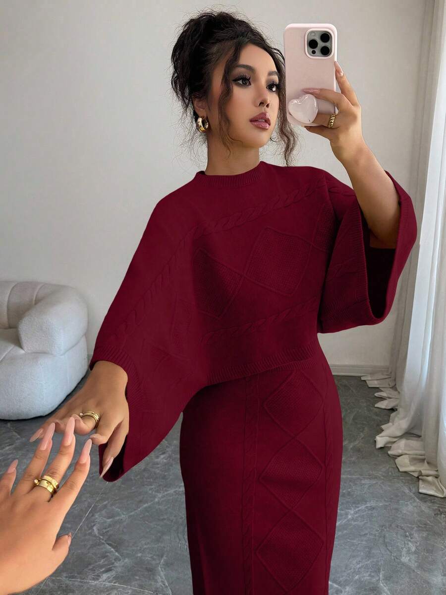 Elenzga Yellow Long Sleeve Top And Straight Skirt 2 Pieces Set, Elegant And Suitable For Party, Commute In Autumn/Winter - Red - View 1