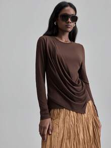 Ontre Áo thun dự tiệc và năm mới thu/đông 2025 dành cho nữ, áo len cổ tròn màu trơn thanh lịch, trang phục công sở và thường ngày đa năng, thích hợp cho Halloween, Giáng sinh, ngày lễ - Cà phê nâu - Xem 5