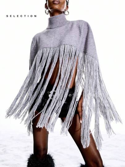 LYSMO X NEON BLANC 2025 New Arrive Minimalism Winter  Collab Women's Casual Solid Color Fringe Hem Turtleneck Sweater, Autumn/Winter Clothes For Women New Year Look And Christmas Outfit For Women  New Year Look  Christmas Outfit For Women Christmas Party Dress /Winter Clothes For Women/Women's Winter Sweater /Elegant Dresses For Party /Party Outfit / Christmas Jumper /Christmas Clothes For Women/New Year Women /Clothes For New Year/ Thanksgiving Outfit For Women