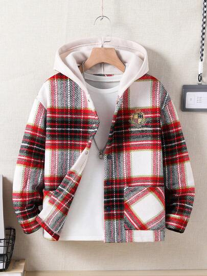 SHEIN 1pc Boys' Red Plaid Hooded Jacket, Soft & Comfortable Fabric, Suitable For Autumn, Outdoor, School, Versatile Stylish Design, 2025 Back To School Season Essential Bomber Jacket For Tween Boys