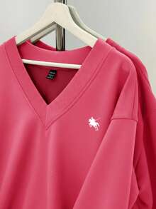 SHEIN EZwear 女士休闲花卉印花超大V领宽松运动衫，浅粉色和深灰色，适合秋冬季 - 粉色 - 查看 4