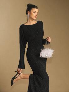 Poéselle Women's Elegant Rhinestone Batwing Sleeve Split Hem Fitted Dress, Spring/Autumn Luxury Dress For Women Black Sparkle Dress Elegant Midi Dress Long Sleeve Elegant Dress Black Glitter Dress - Black - View 1